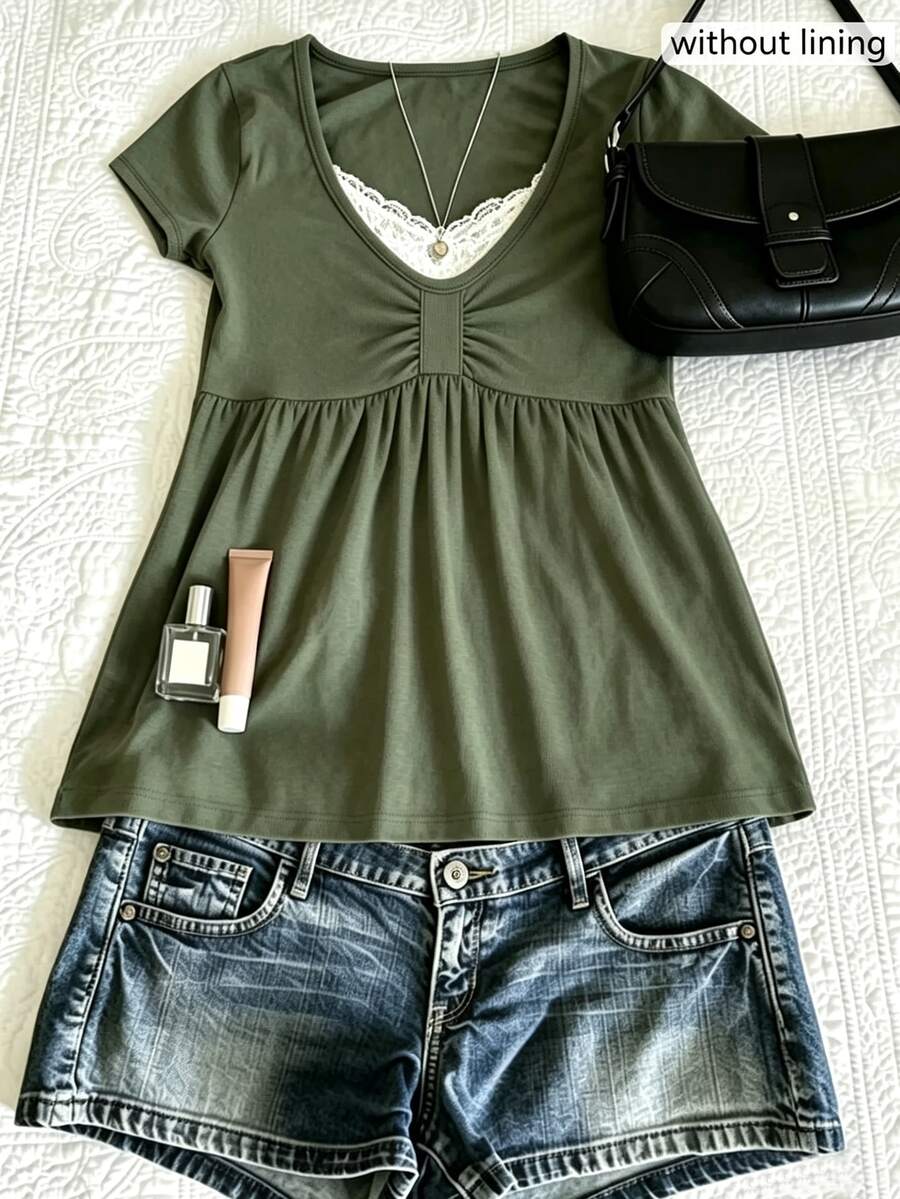Lalippa Plus Size Women's Minimalist Casual Pleated Short Sleeve Top - Green - View 1