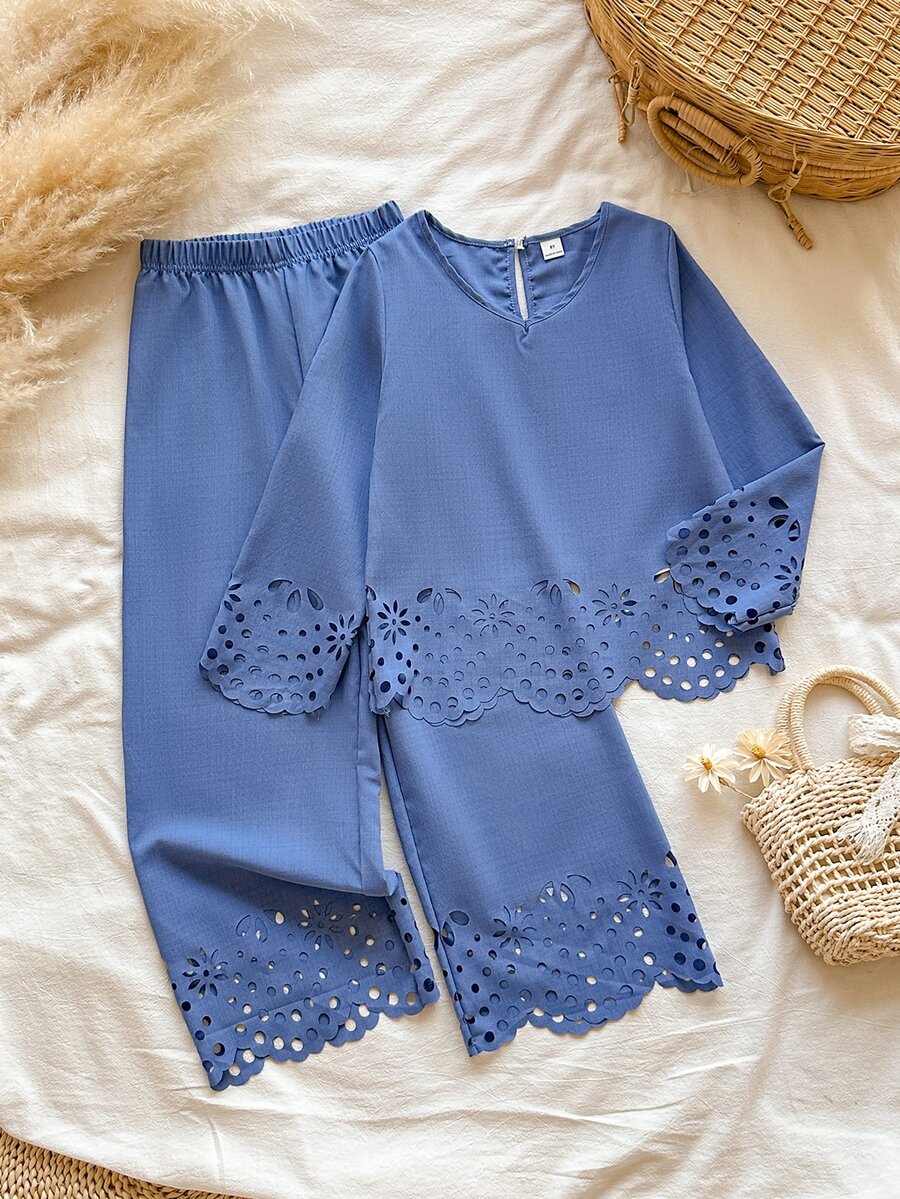 Vintaside Kids Tween Girls' New Fashion Pastoral Embroidered Hollow Long Sleeve Top And Pants Set, Suitable For Autumn/Winter - Blue - View 1