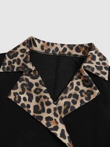 Elenzga New Knit Ant Fabric Textured Leopard Print Solid Color Patchwork Flat Collar Long Sleeve Waist-Cinched Design Elegant Versatile Height-Enhancing Slimming Daily Party Women's Mid-Length Dress - Multicolor - View 4