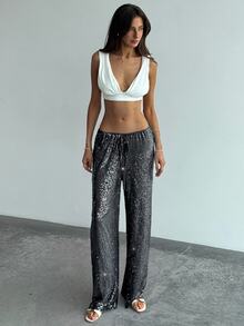 SHEIN Tall CURVE Plus Size Women Solid Color Waist Tie Sequin Wide Leg Long Pants - Black - View 7