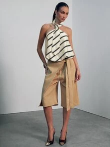 Hauture Women's Sexy Casual Office Night Out Brunch Black And White Striped Necktie Design Halter Neck Elastic Back Top Summer - Multicolor - View 5