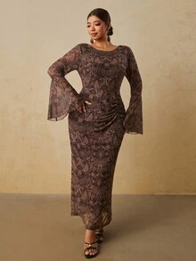 Travachic Plus Size Elegant All-Over Print Flare Sleeve Dress - Brown - View 3