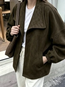 SHEIN PariChic 秋季服飾 深棕色大領寬鬆長袖百搭休閒夾克 通勤穿搭 外出穿搭 時尚上衣 辦公日常 - 軍綠色 - 查看 5