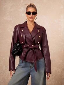 Lumalex Women's Solid-Color PU Leather Collared Long-Sleeve Double-Breasted Metal Buckle Belted Fashion Jacket Autumn Style Burgundy Grain Stylish Oversized - Burgundy - View 3