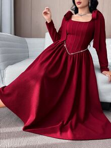 Feyla Women's Solid Color Shoulder Knot Long Sleeve Elegant Dress - Burgundy - View 3