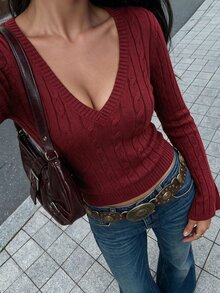 Autumina Women's Cable Knit V-Neck Long Sleeve Fitted Casual Sweater - Red - View 1