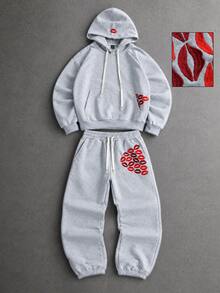 ROMWE MEN Men's Lip Embroidery Long Sleeve Drawstring Hoodie And Sweatpants Casual Set - Grey - View 1