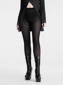 Breakform Gothic Halloween Women's Vertical Striped Sheer Mesh Textured Slim Fit Bodycon Dark Style Elastic Leggings - Black - View 4