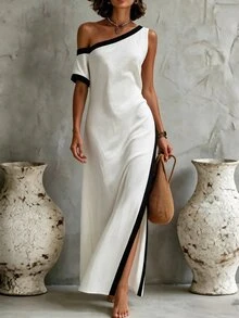Glimmora Black & White Contrast Color Asymmetrical Shoulder Asymmetric Sleeve Design Fitted Elegant Long Straight Dress Plus Size Women - Black and White - View 1