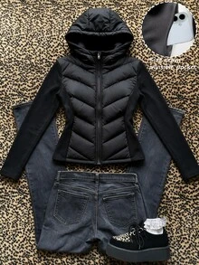 SHEIN Sparklyn Jaket Fleece Slim Fit Lengan Panjang Berkerudung Ringan untuk Remaja Perempuan, Cocok untuk Pemakaian Sehari-hari, Sesuai untuk Akhir Musim Gugur dan Awal Musim Dingin - Hitam - View 3