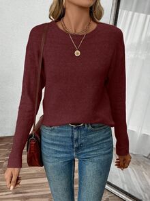 SHEIN PariChic 女款純色休閒百搭日常穿著長袖針織衫 - 酒紅色 - 查看 4