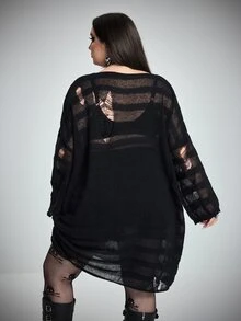 SHEIN CURVE+ ملابس علوية فرو محبوكة مقاس كبير للهالوين بتصميم مفرغ وشفاف - الأسود - مشاهدة 2