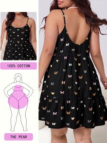 SHEIN EZwear 女款大尺碼全印花休閒日常夏季細肩帶洋裝 - 黑色 - 查看 1
