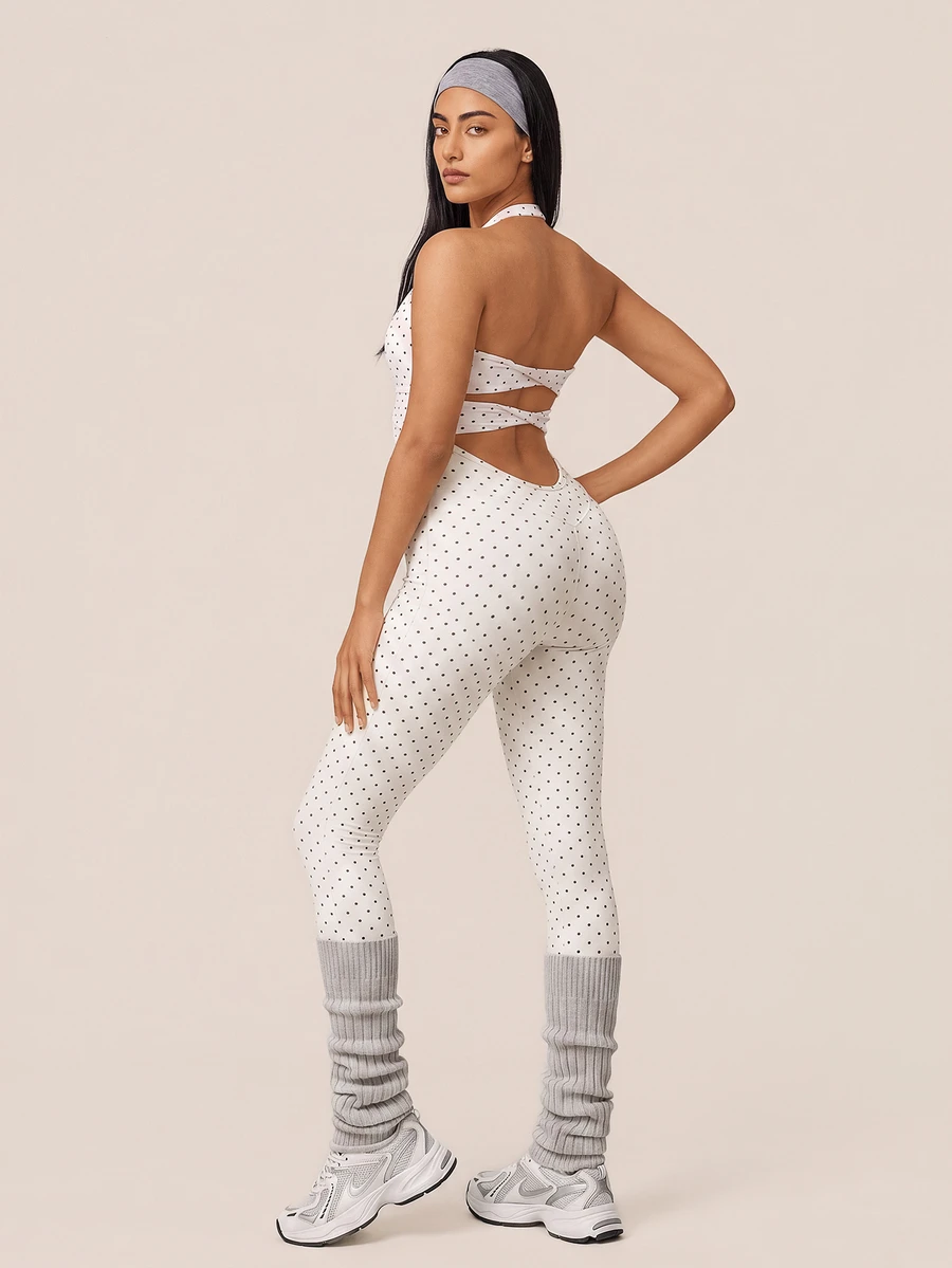 SHEIN BAE Women White Polka Dot Backless Athletic Jumpsuit Gym Workout Training Running Yoga Sports Bodysuit
