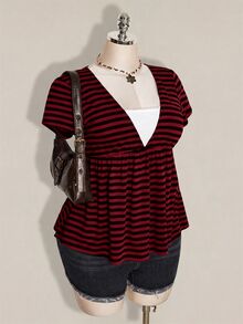 SHEIN ICON 女款大尺碼短袖休閒條紋 2 合 1 T恤 - 紅色和黑色 - 查看 7