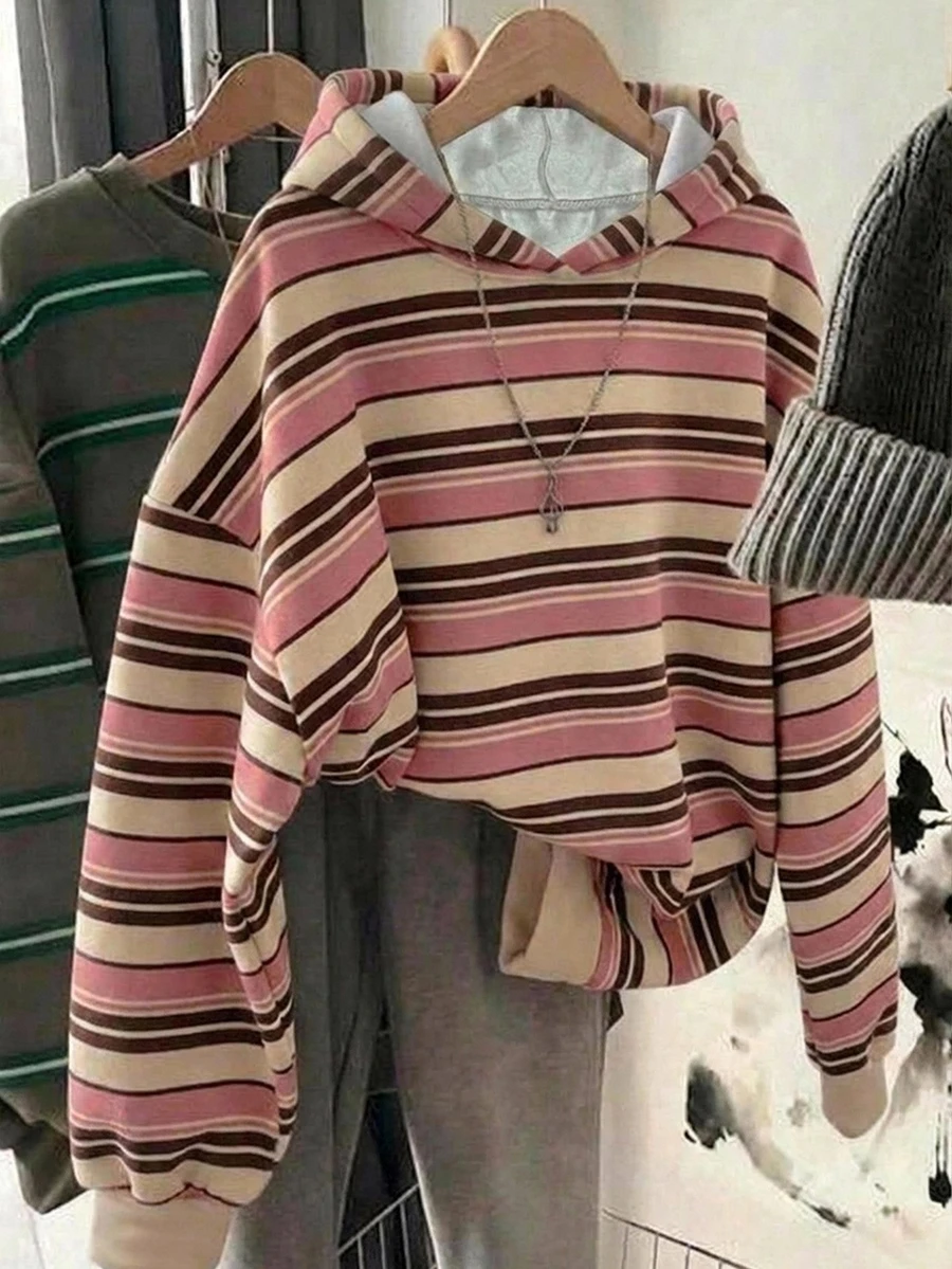 SHEIN EZwear 休閒簡約條紋印花女款長袖運動衫 - 彩色 - 查看 1