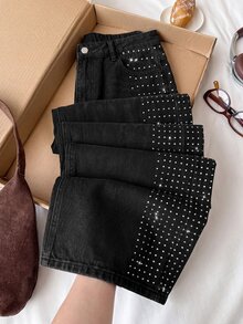 Comfortcana Plus Size Women's Street Hip Hop Rhinestone Button Denim Jeans - Black - View 5