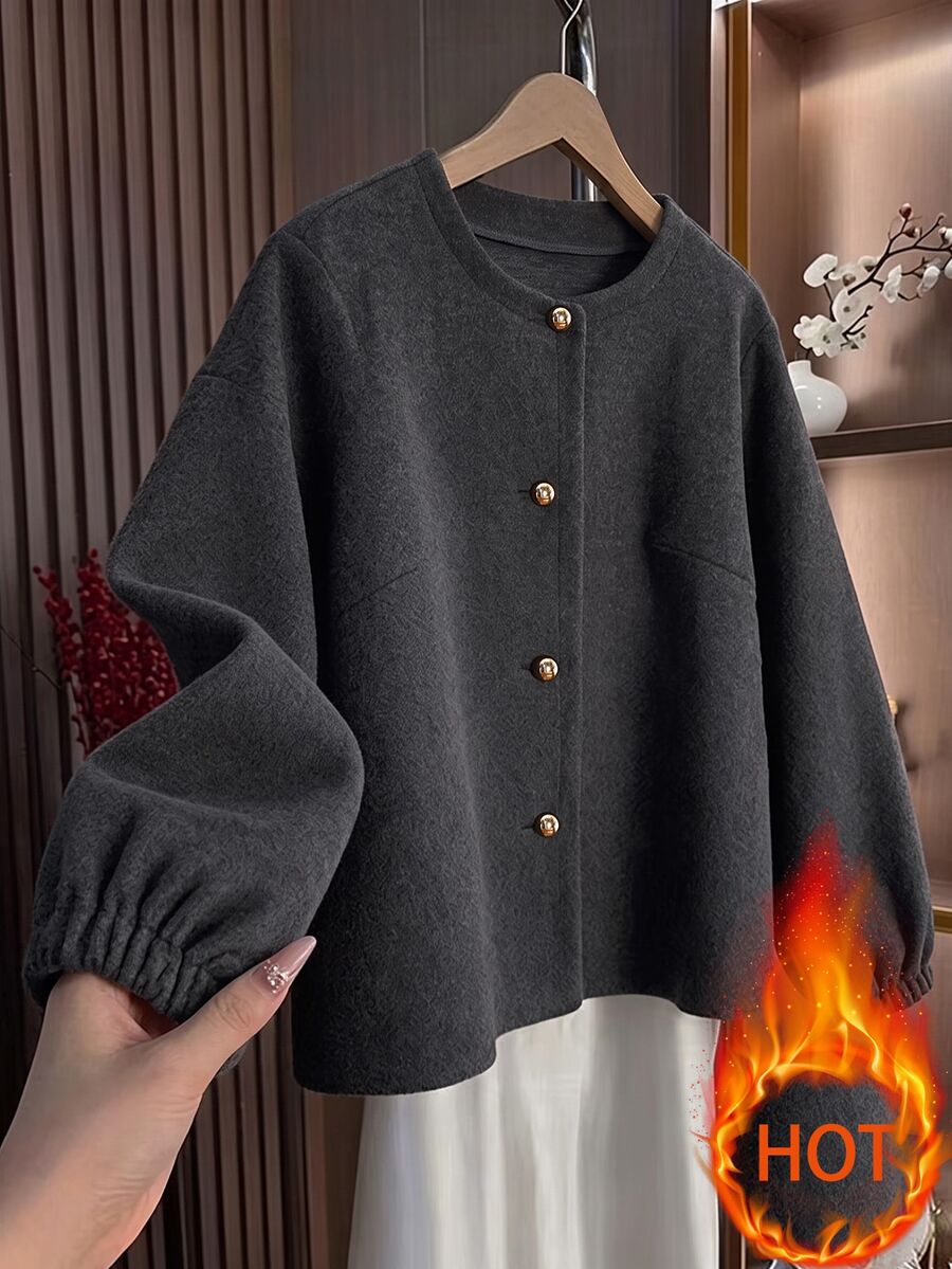 GlowEve CURVE Plus Size Women's Elegant Casual Commute Short Round Neck Metal Button Lantern Sleeve A-Line High-End Elegant Wool Jacket, Versatile And Easy To Match, Suitable For Commuting, Working, And Home Wear - Dark Grey - View 1