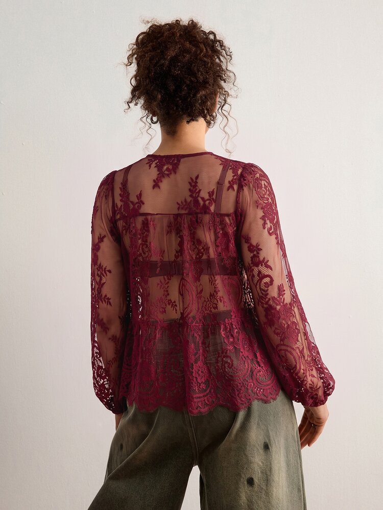Freevana Women's Lace Shell Button Sheer Blouse, Plus Size Loose Elegant Shirt For Daily Wear, Outing, Commuting, Vacation, Spring/Summer - Burgundy - View 10