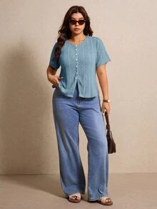 Elaquor Plus Size Women Solid Color Front Button Short Sleeve T-Shirt - Baby Blue - View 1