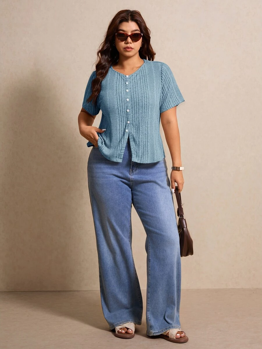 Elaquor Plus Size Women Solid Color Front Button Short Sleeve T-Shirt - Baby Blue - View 1