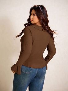 Elaquor Plus Size Women Solid Color Ruffle Collar Front Tie Bell Sleeve Top - Mocha Brown - View 2