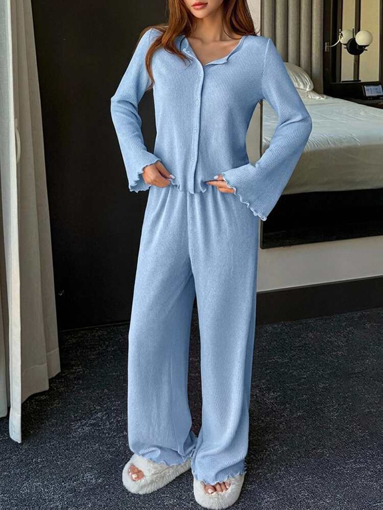 DAZY Winter Minimalist Brushed Knit 2-Piece Women's Loungewear Set - Blue - View 6