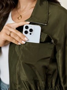 Comfylo Plus Size Women's Solid Color Zipper Casual Versatile Daily Travel Long Sleeve Jacket Fall - Green - View 6