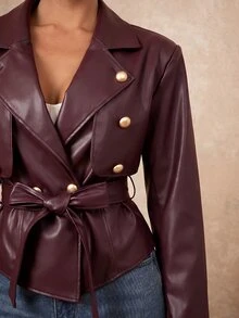 Lumalex Women's Solid-Color PU Leather Collared Long-Sleeve Double-Breasted Metal Buckle Belted Fashion Jacket Autumn Style Burgundy Grain Stylish Oversized - Burgundy - View 5