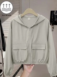 SHEIN 青少年女孩編織純色貼袋短版寬鬆休閒連帽外套 - 橄欖綠 - 查看 7