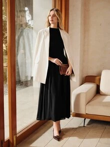 Anewsta Essential 女款優雅極簡黑色長洋裝，小立領知性秋季洋裝，適合晚餐派對與婚禮賓客穿著 - 黑色 - 查看 8