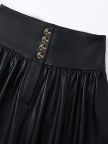 GlowEve CURVE Plus Size Women's Elegant Commuter Versatile PU Leather A-Line Ruched Skirt With Decorative Buckle, Autumn/Winter - Black - View 3