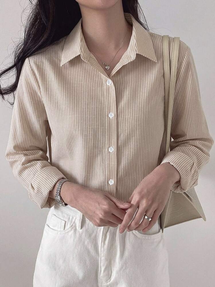 DAZY Women's Striped Casual Versatile Daily Wear Shirt - Khaki - View 3