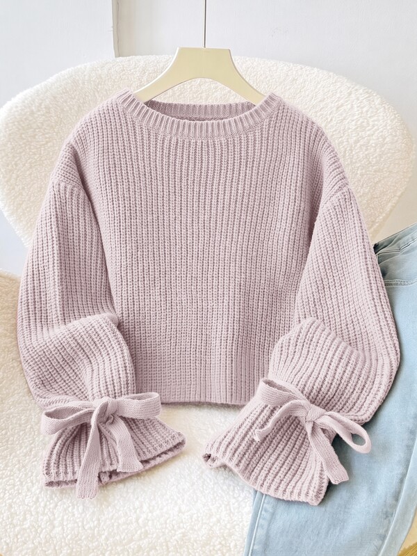SHEIN Young Girl Young Girl Loose Minimalist Round Neck Tie Sleeve Decorative Autumn Sweater,Brown Knitted Ribbed Bow Pullover For Winter School Back-To-School