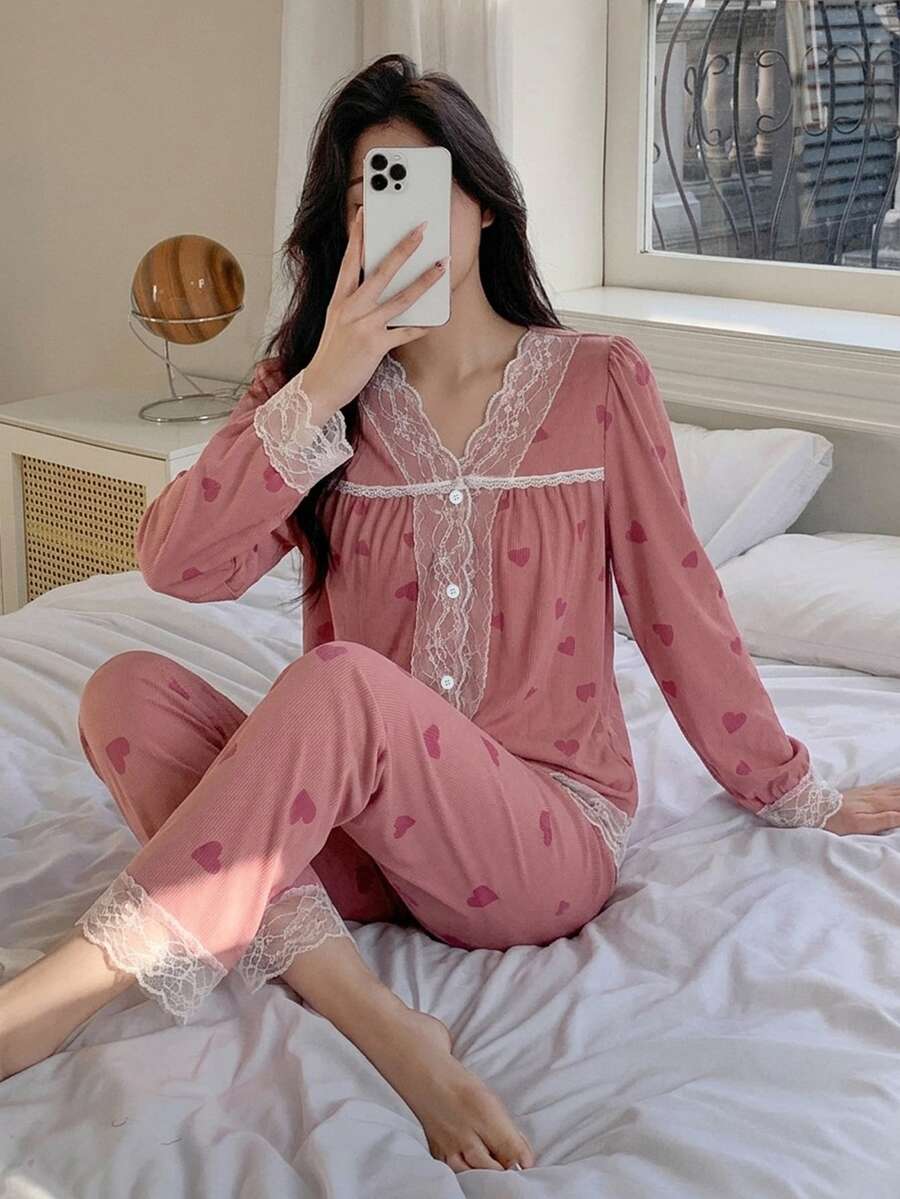 DAZY Sweet Heart Pattern Lace Patchwork Cardigan Long Sleeve Straight Leg Long Pajama Pants 2-Piece Set Women's Sleepwear - Pink - View 1