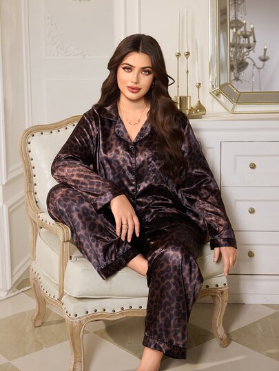 MuseNap CURVE Plus Size Leopard Print Faux Silk Open Front Lapel Long Sleeve Pajama Set With Pants