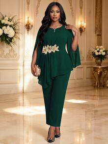 Fleurora Plus Size Elegant Party Floral Embroidered Top And Pants 2 Pieces Set - Dark Green - View 4