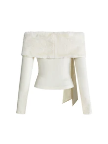 ROMWE Y2K Sweet White Girl Style Off-Shoulder Fur Collar Bowknot Lace-Up Women's T-Shirt, Autumn/Winter - Pink - View 2