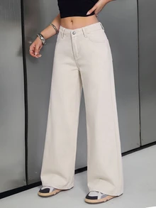 Jeanoix Petite Y2K Women's Solid Color Button Pocket Loose Fit Denim Jeans - Apricot - View 4