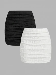 SHEIN MOD 女款休閒極簡抓皺紋理布料緊身裙，2件組，適合街頭風、Y2K - 彩色 - 查看 1