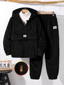 SHEIN Little Byeori 2件組男童冬季休閒返校穿搭套裝，包含刷毛半拉鍊連帽衛衣與寬鬆休閒慢跑長褲，秋季加厚保暖校園套裝 - 黑色 - 查看 1