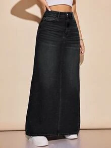 SHEIN EZwear 鈕扣口袋 A 字牛仔裙街頭風 - 黑色 - 查看 5