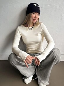 DAZY 女款保暖內裡修身純色T恤 - 米色 - 查看 4