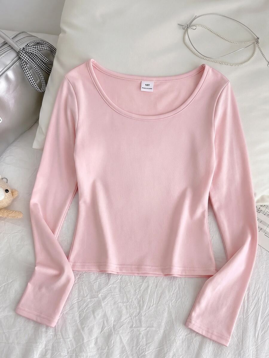 Tween Girls T-Shirts Ribbed Crew Neck Elastic Slim Fit All-Match Versatile Minimalist Long Sleeve T-Shirt, Comfortable - Pink - View 1