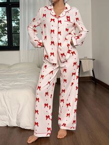 Napfluff Women's New Bow Print Casual Long Sleeve Pants Pajama Set - Red and White - View 4