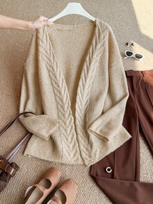 Grovea Plus Size Women Solid Color Casual Soft Versatile Daily Wear Cardigan Autumn Formal Vacation Beige - Apricot - View 5