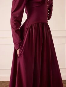 Lilora Women's Elegant High-End Deep V-Neck Decorative Button Dress, Commute, Gathering Dinner Cocktail, Party, Wedding, Autumn, Winter, Burgundy Red - Red - View 7