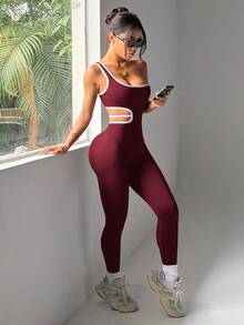 Dewbera Dewbera Women's One-Shoulder Side Waist Cutout Design Sports Jumpsuit - Red - View 6