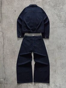 AXEPEAK Men's High Street Washed Blue Zipper Front Denim Jacket And Denim Jeans Casual Set - Navy Blue - View 2