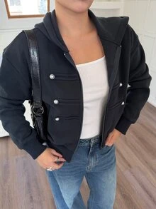 DAZY 女款保暖內裡雙排扣長袖連帽運動衫 - 藏蓝色 - 查看 5